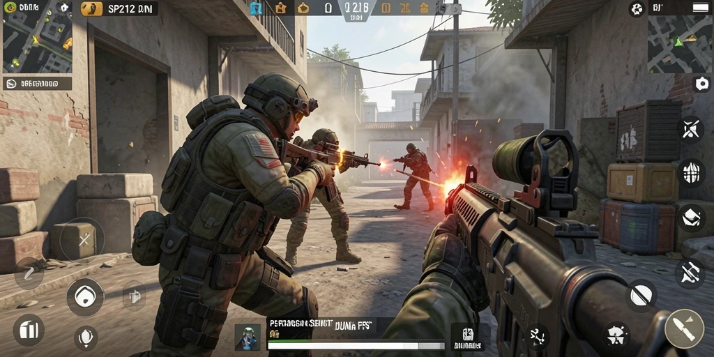 Screenshot SP212 menampilkan aksi seru dalam pertempuran FPS.
